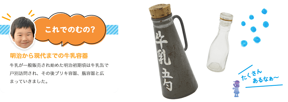 明治から現代までの牛乳容器
牛乳が一般販売され始めた明治初期頃は牛乳缶で戸別訪問され、その後ブリキ容器、瓶容器と広まっていきました。
