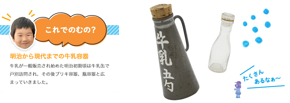 
                             明治から現代までの牛乳容器
                             牛乳が一般販売され始めた明治初期頃は牛乳缶で戸別訪問され、その後ブリキ容器、瓶容器と広まっていきました。
