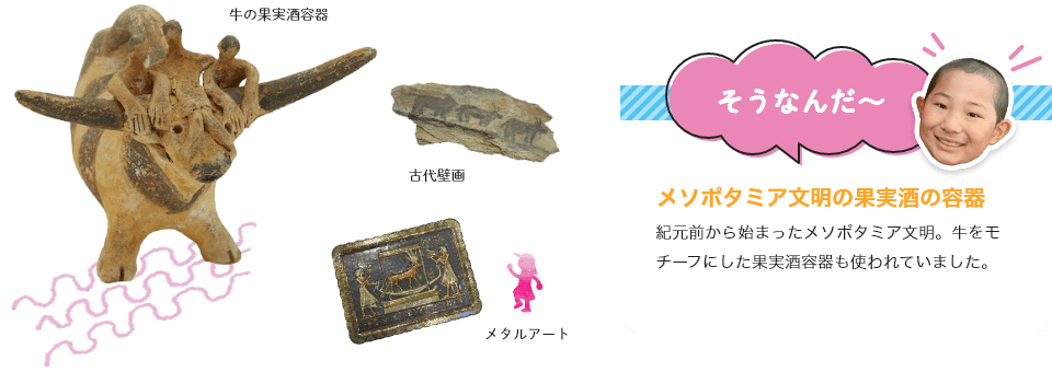 メソポタミア文明の酒容器
紀元前から始まったメソポタミア文明。当時の酒容器は牛をモチーフにしたものが多くつくられ、使われていました。
