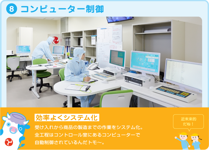 8.コンピューター制御 効率よくシステム化 受け入れから商品の製造までの作業をシステム化。全工程はコントロール室にあるコンピューターで自動制御されているんだトモ~。